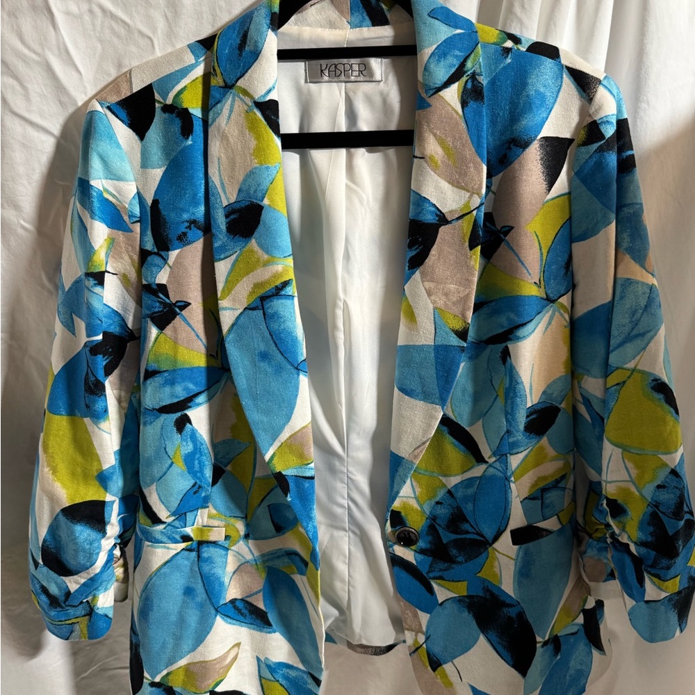 Kasper Blue and Green Leaf Print Blazer